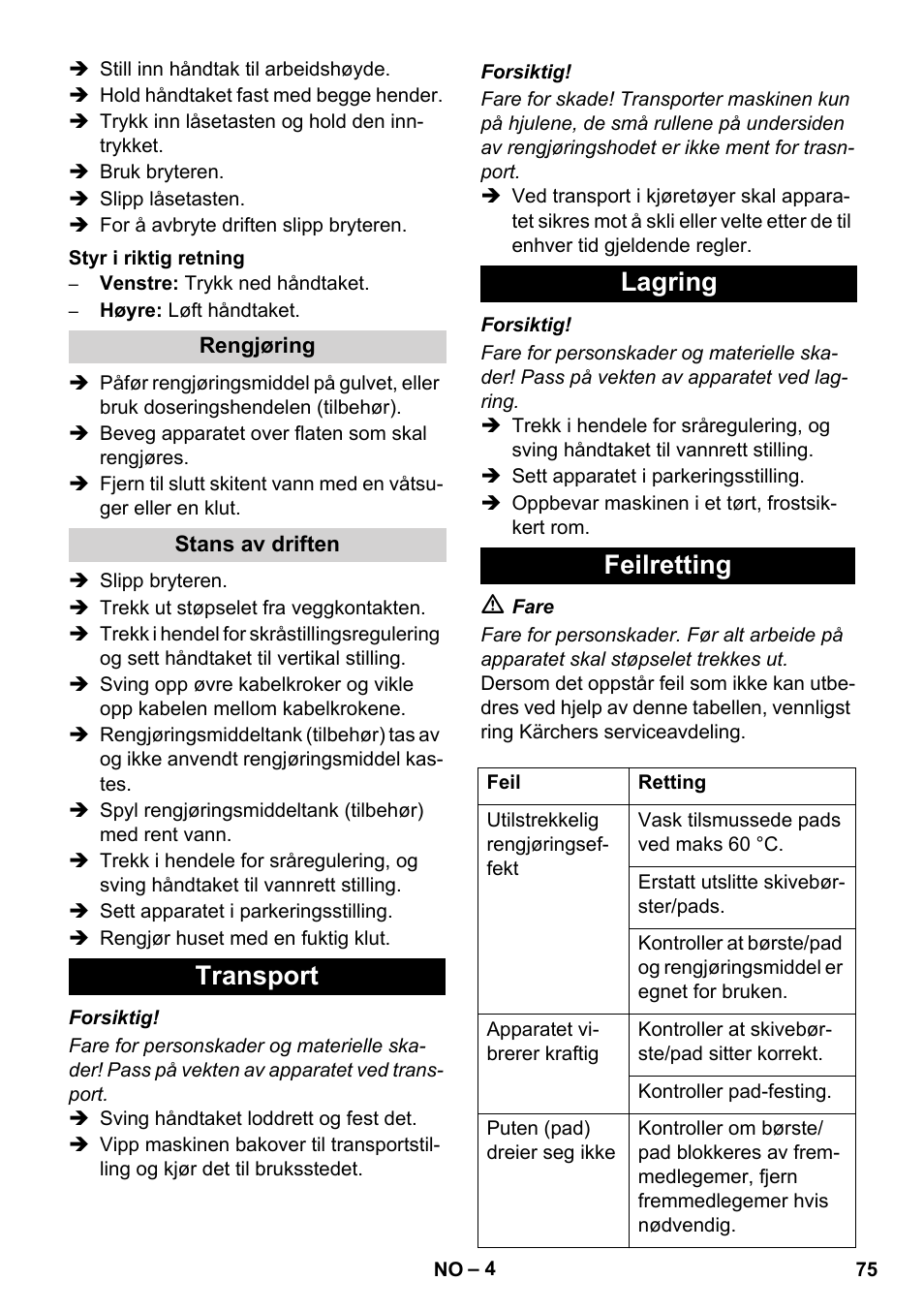 Transport lagring feilretting | Karcher BDS 43-450C EU User Manual | Page 75 / 240