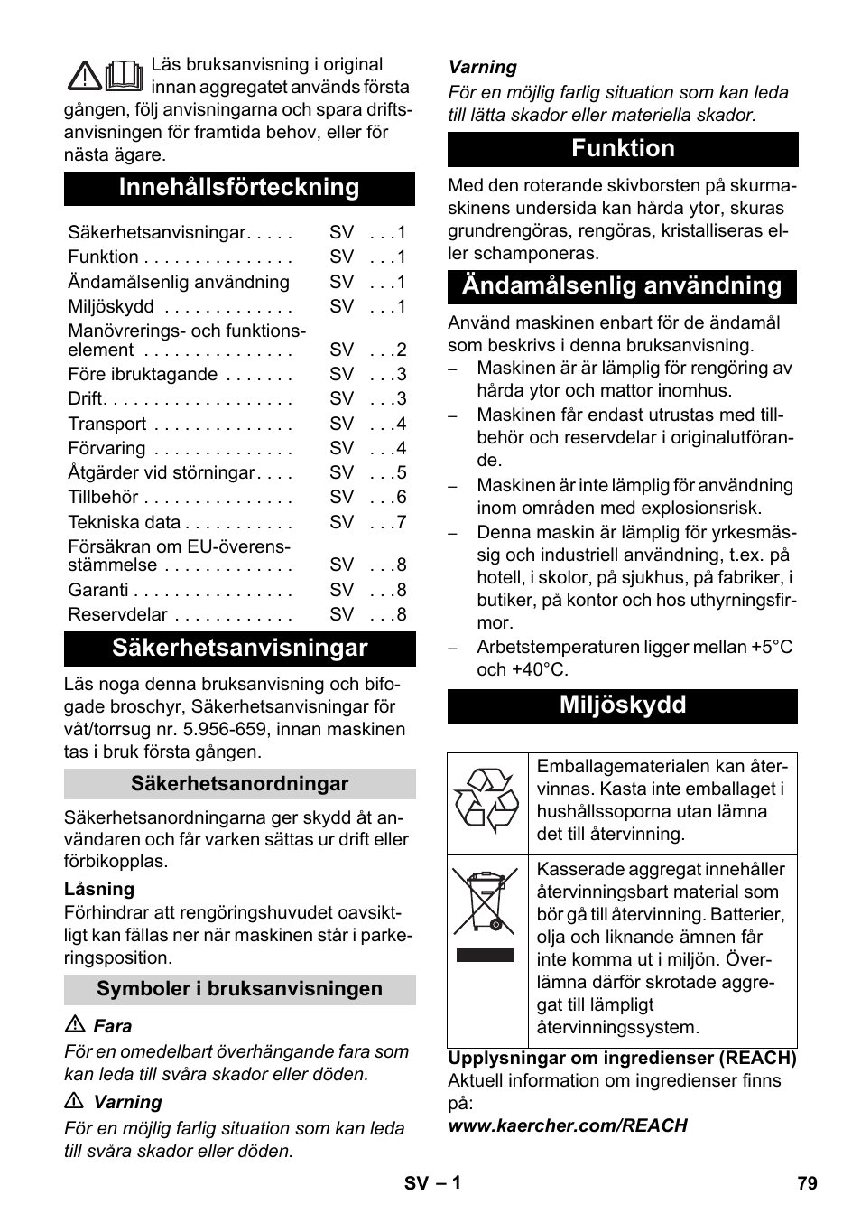 Svenska, Innehållsförteckning, Säkerhetsanvisningar | Funktion ändamålsenlig användning miljöskydd | Karcher BDS 43-450C EU User Manual | Page 79 / 240