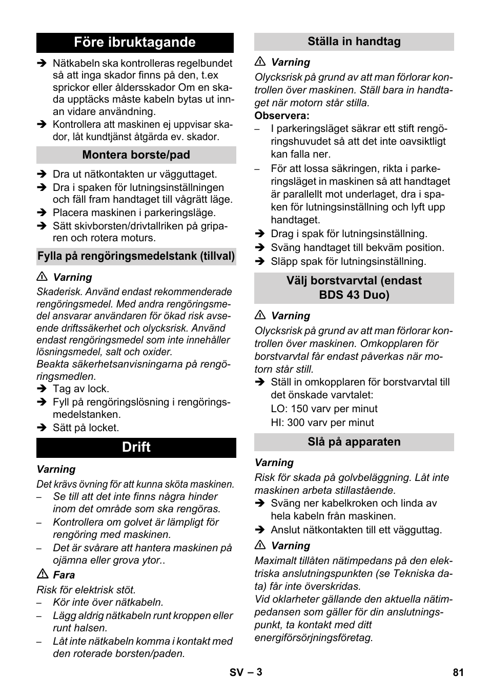 Före ibruktagande, Drift | Karcher BDS 43-450C EU User Manual | Page 81 / 240