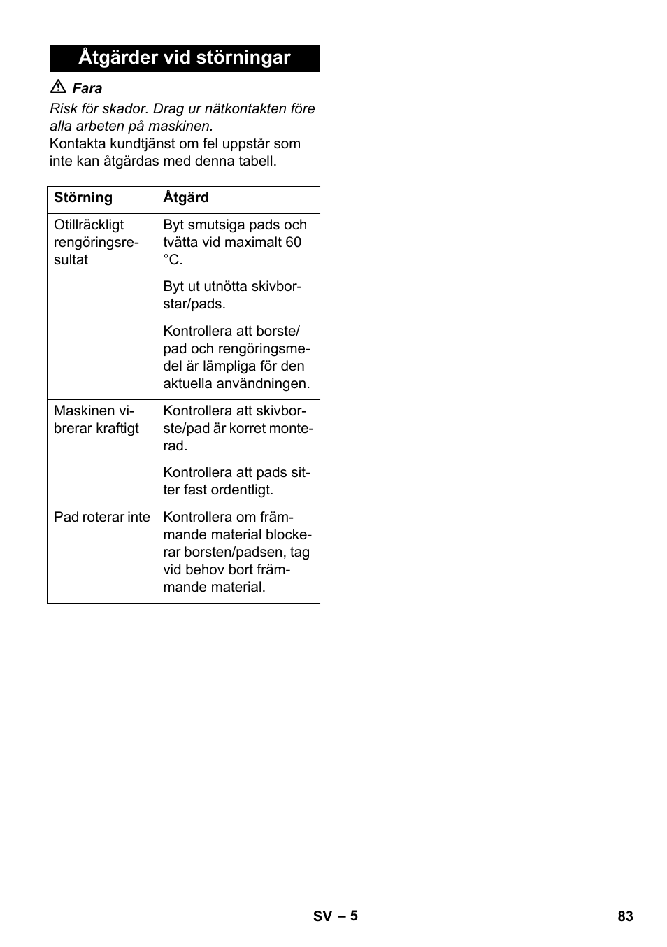 Åtgärder vid störningar | Karcher BDS 43-450C EU User Manual | Page 83 / 240