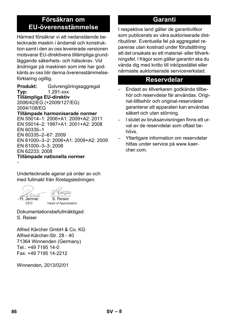Försäkran om eu-överensstämmelse, Garanti reservdelar | Karcher BDS 43-450C EU User Manual | Page 86 / 240