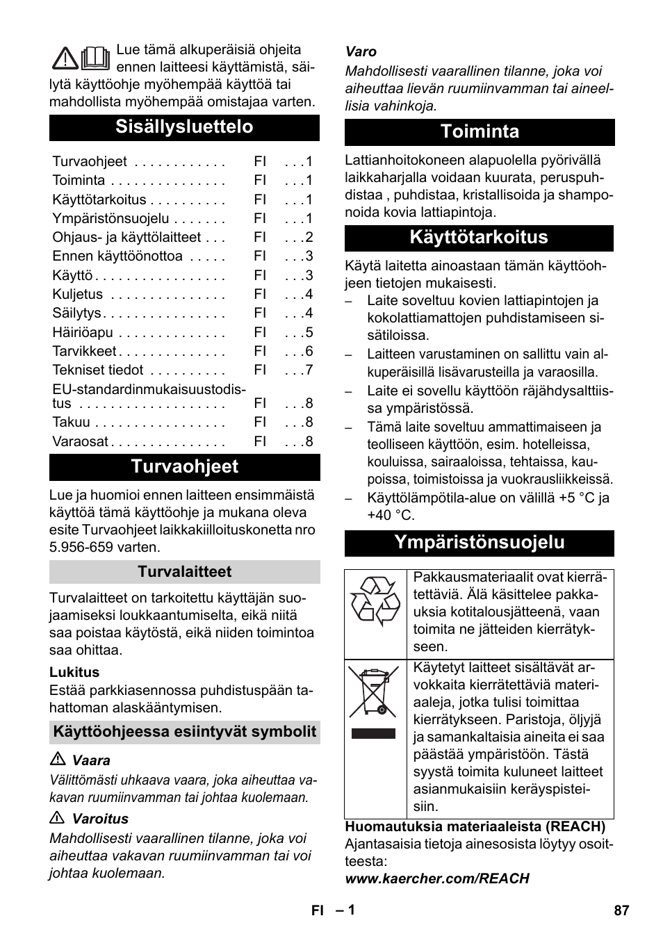 Suomi, Sisällysluettelo, Turvaohjeet | Toiminta käyttötarkoitus ympäristönsuojelu | Karcher BDS 43-450C EU User Manual | Page 87 / 240