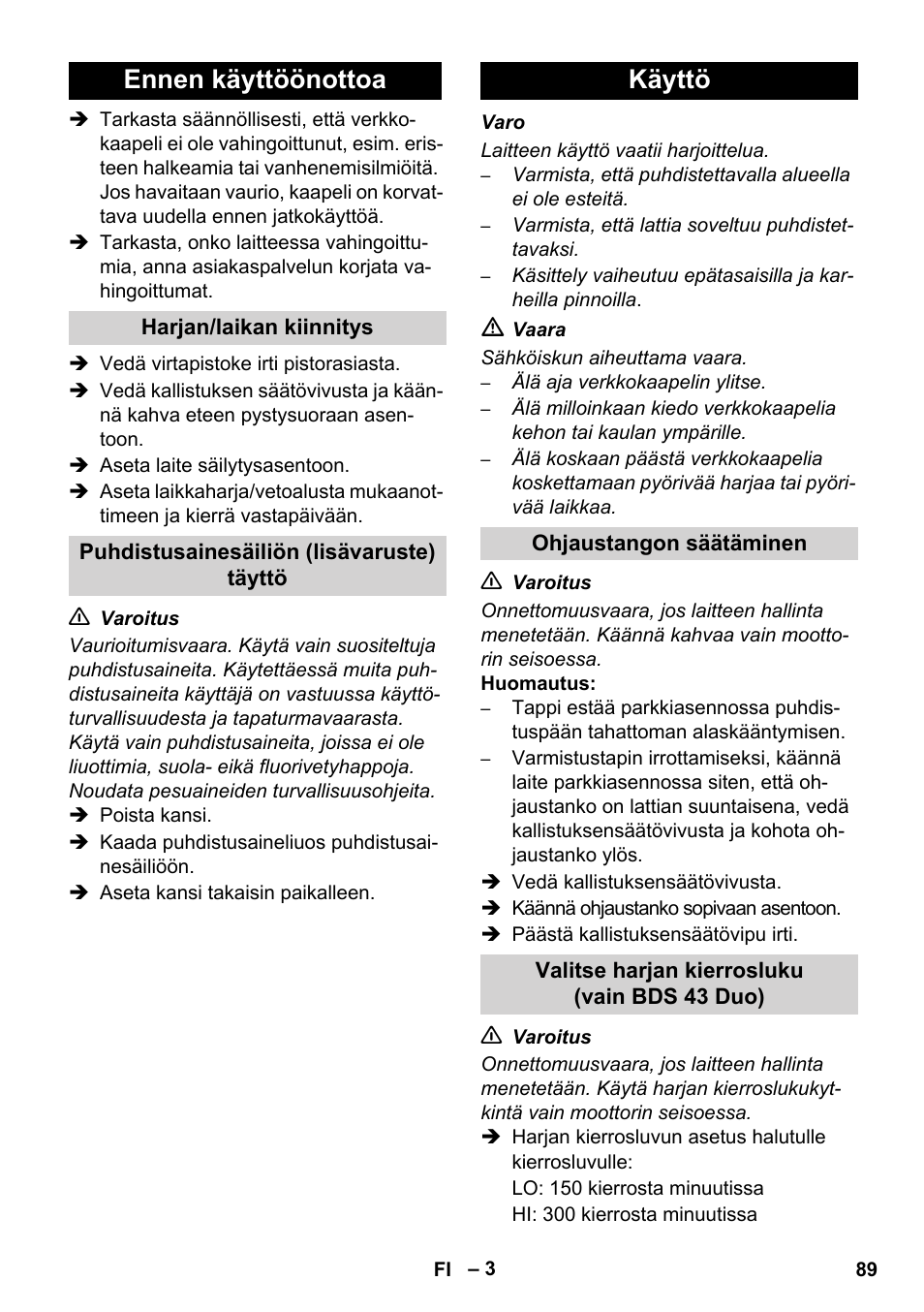 Ennen käyttöönottoa, Käyttö | Karcher BDS 43-450C EU User Manual | Page 89 / 240