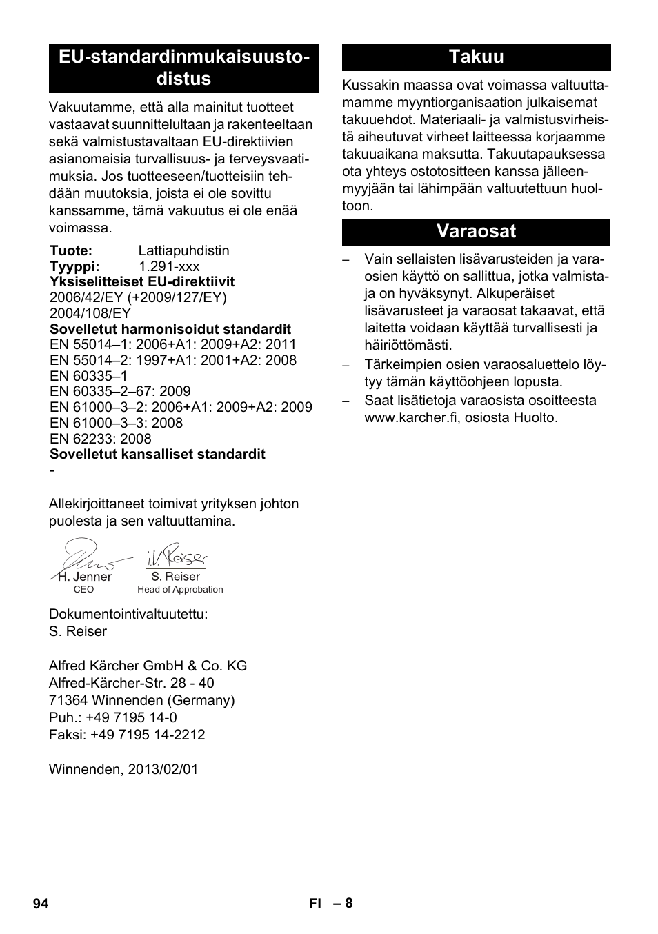 Eu-standardinmukaisuusto- distus, Takuu varaosat | Karcher BDS 43-450C EU User Manual | Page 94 / 240