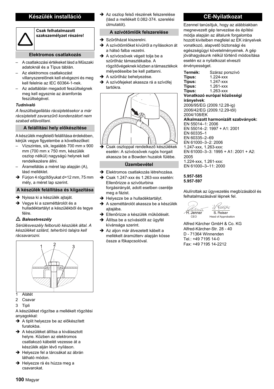 Készülék installáció, Ce-nyilatkozat | Karcher SB-Sauger Aspiratore self service MONO User Manual | Page 100 / 164