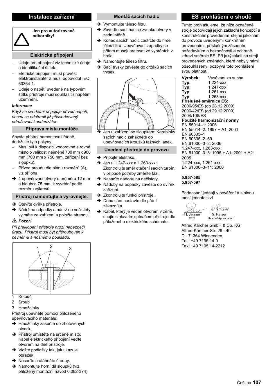 Instalace zařízení, Es prohlášení o shodě | Karcher SB-Sauger Aspiratore self service MONO User Manual | Page 107 / 164