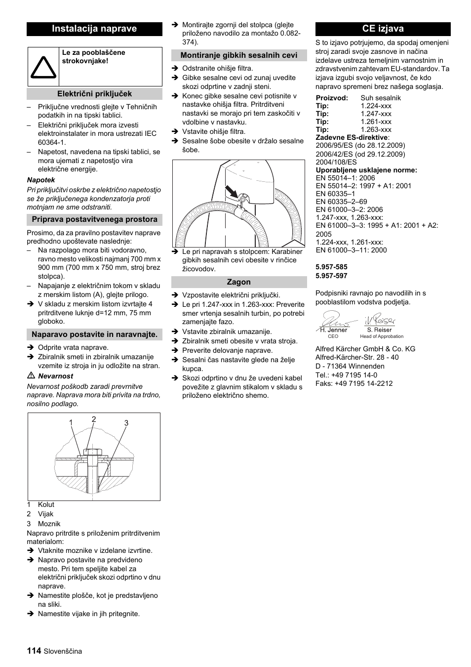 Instalacija naprave, Ce izjava | Karcher SB-Sauger Aspiratore self service MONO User Manual | Page 114 / 164