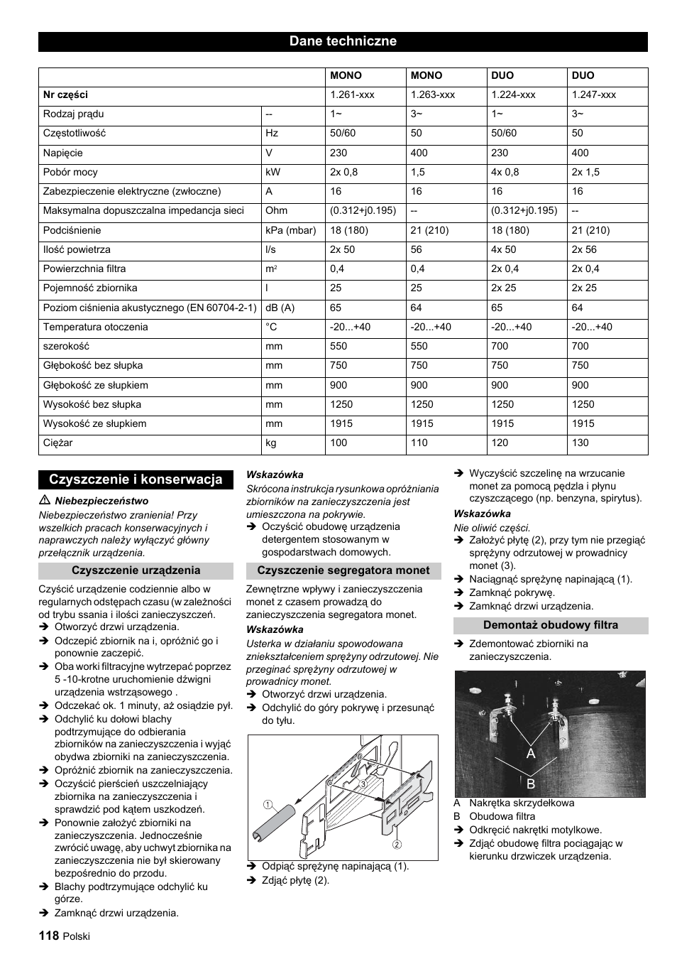 Dane techniczne, Czyszczenie i konserwacja | Karcher SB-Sauger Aspiratore self service MONO User Manual | Page 118 / 164