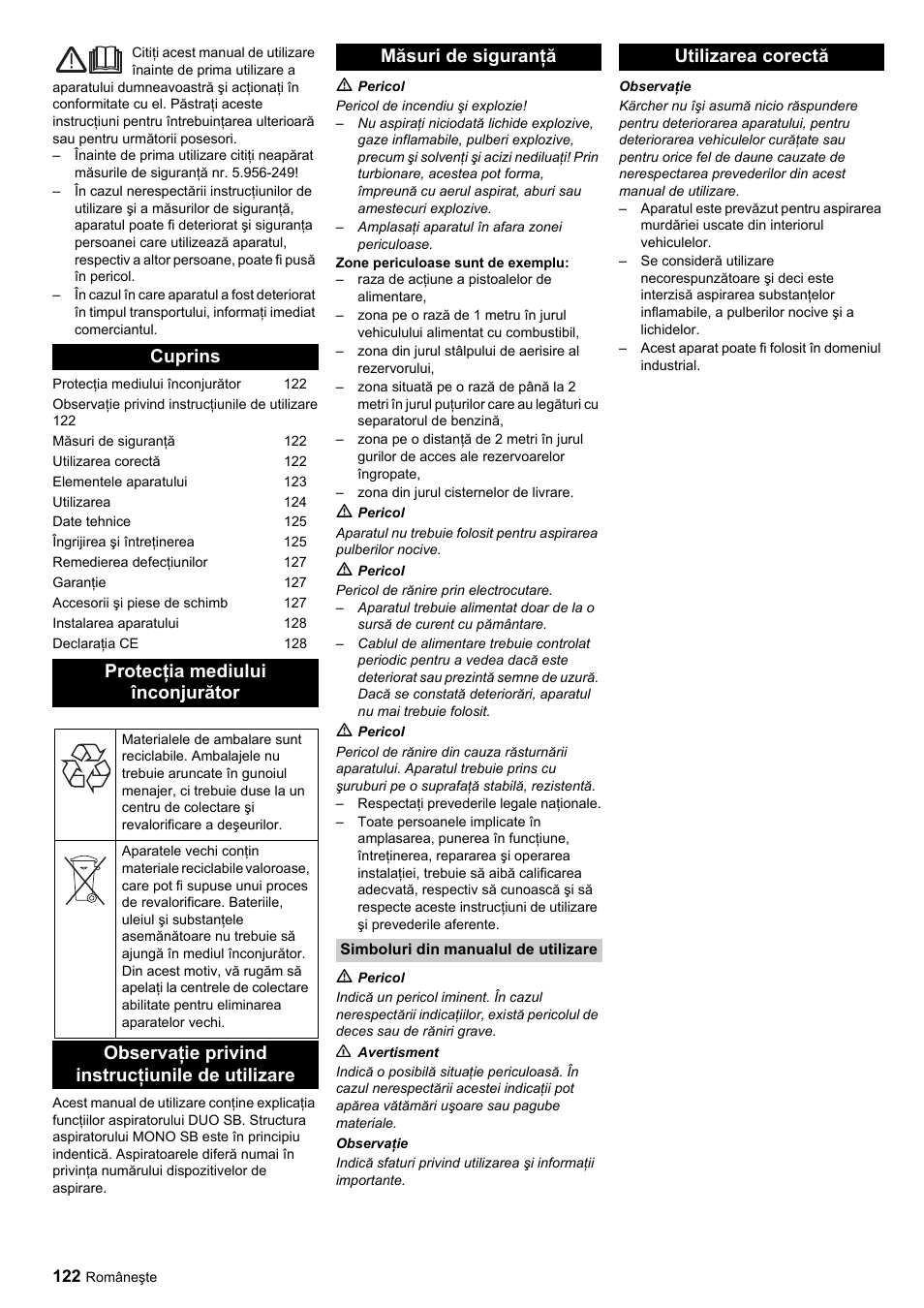 Cuprins protecţia mediului înconjurător, Utilizarea corectă | Karcher SB-Sauger Aspiratore self service MONO User Manual | Page 122 / 164