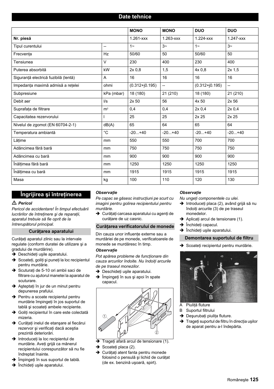Date tehnice, Îngrijirea şi întreţinerea | Karcher SB-Sauger Aspiratore self service MONO User Manual | Page 125 / 164