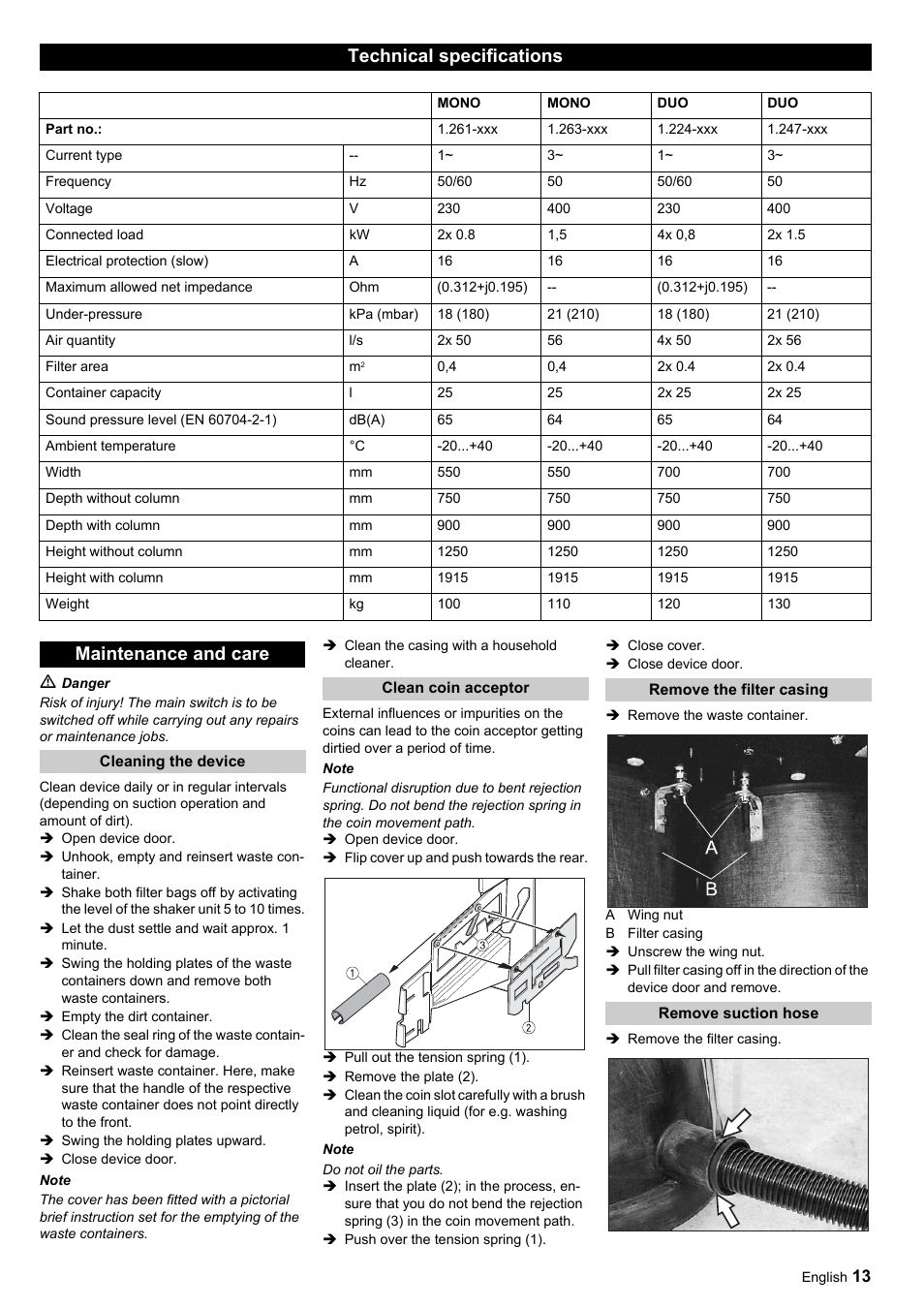 Technical specifications, Maintenance and care | Karcher SB-Sauger Aspiratore self service MONO User Manual | Page 13 / 164