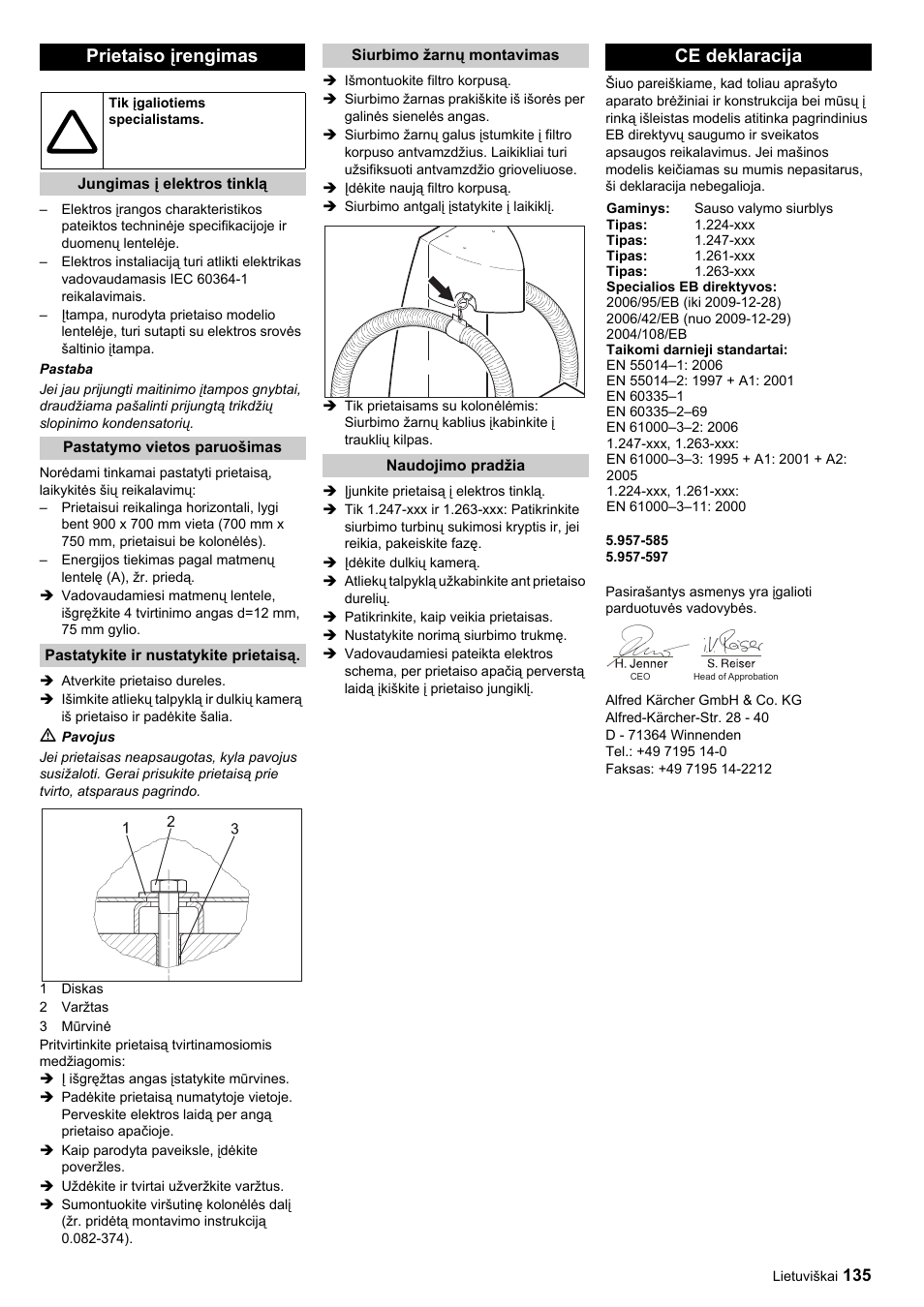 Prietaiso įrengimas, Ce deklaracija | Karcher SB-Sauger Aspiratore self service MONO User Manual | Page 135 / 164