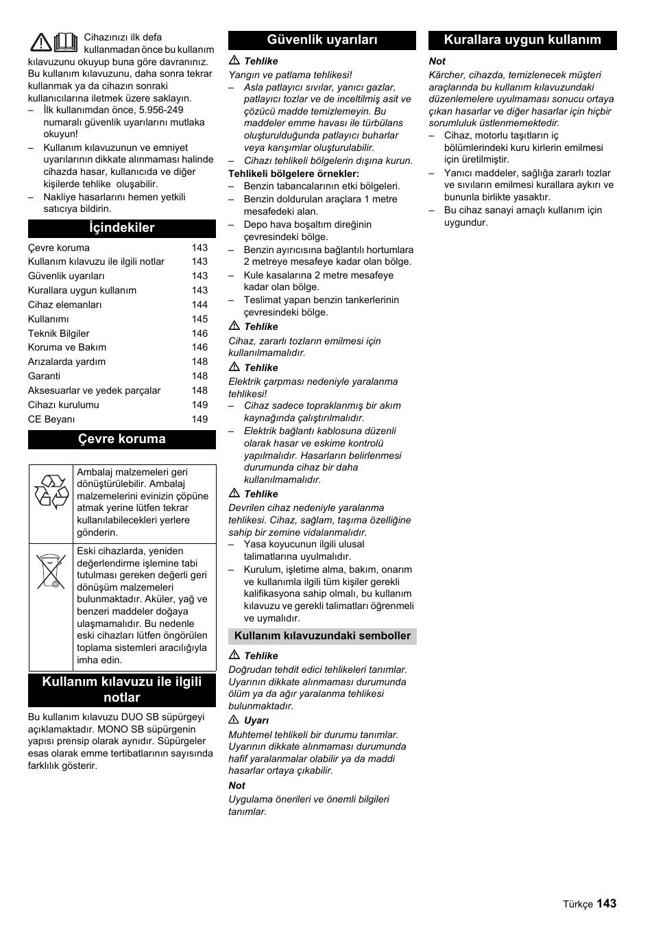Içindekiler çevre koruma, Kurallara uygun kullanım | Karcher SB-Sauger Aspiratore self service MONO User Manual | Page 143 / 164