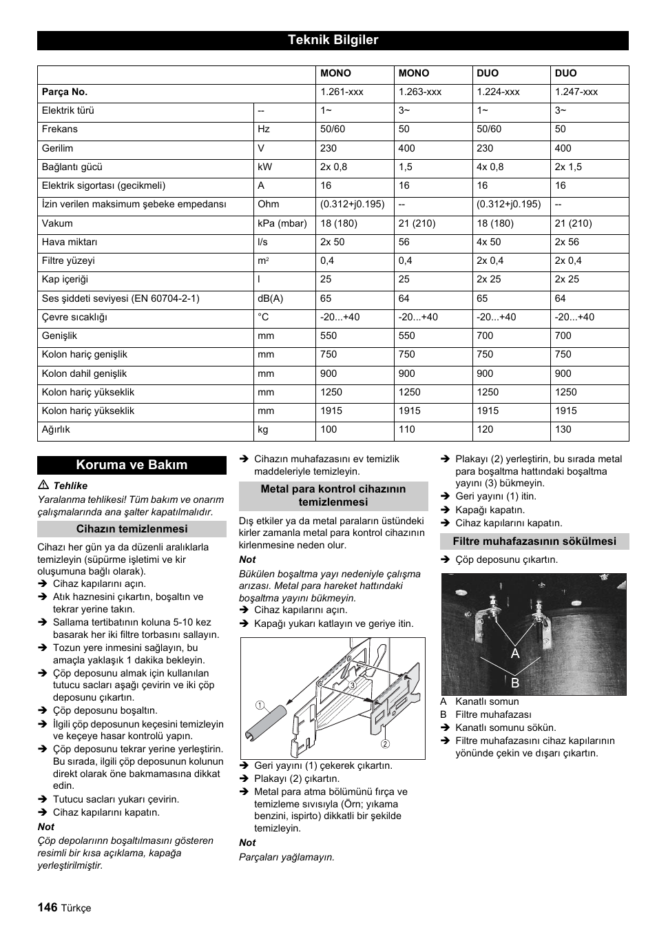 Teknik bilgiler, Koruma ve bakım | Karcher SB-Sauger Aspiratore self service MONO User Manual | Page 146 / 164