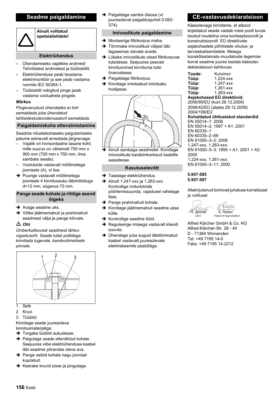 Seadme paigaldamine, Ce-vastavusdeklaratsioon | Karcher SB-Sauger Aspiratore self service MONO User Manual | Page 156 / 164