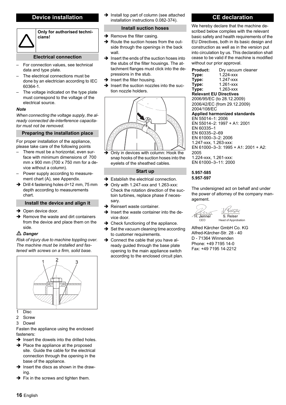 Device installation, Ce declaration | Karcher SB-Sauger Aspiratore self service MONO User Manual | Page 16 / 164