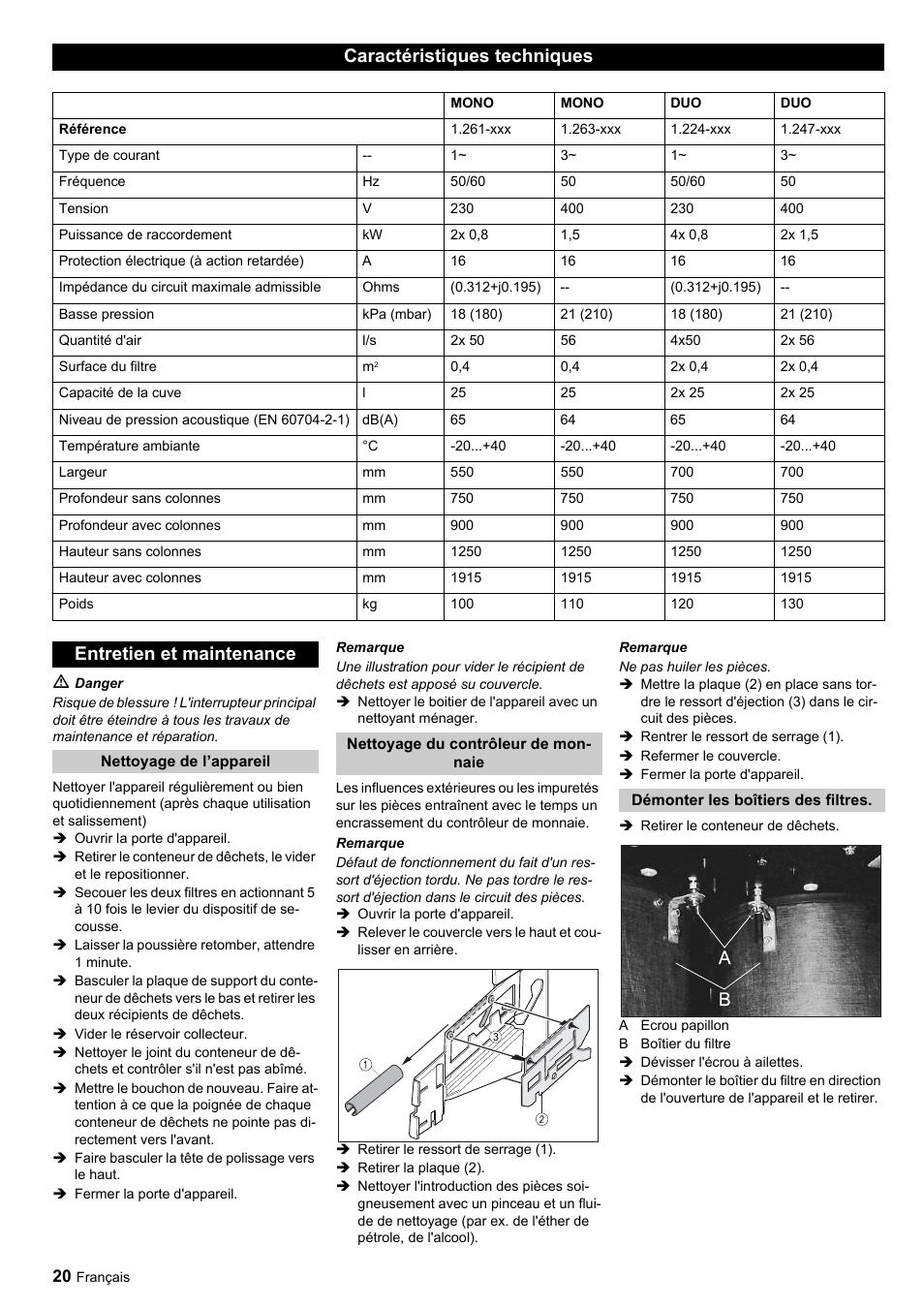 Caractéristiques techniques, Entretien et maintenance | Karcher SB-Sauger Aspiratore self service MONO User Manual | Page 20 / 164