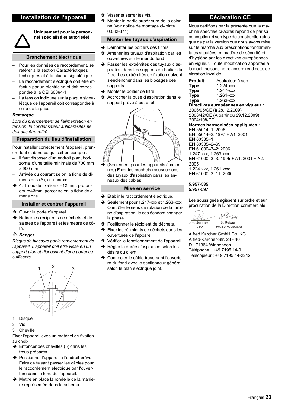 Installation de l'appareil, Déclaration ce | Karcher SB-Sauger Aspiratore self service MONO User Manual | Page 23 / 164