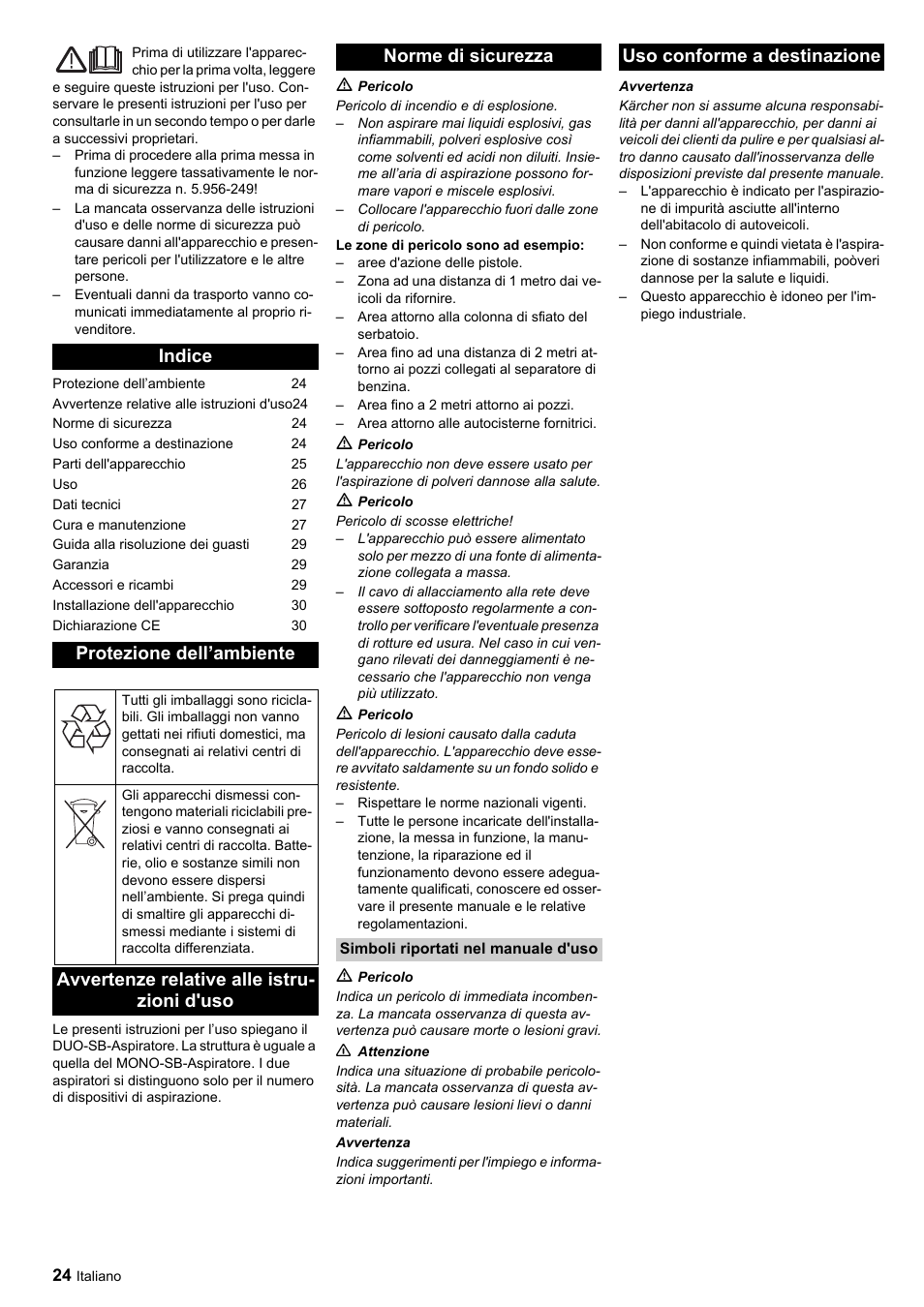 Indice protezione dell’ambiente, Uso conforme a destinazione | Karcher SB-Sauger Aspiratore self service MONO User Manual | Page 24 / 164