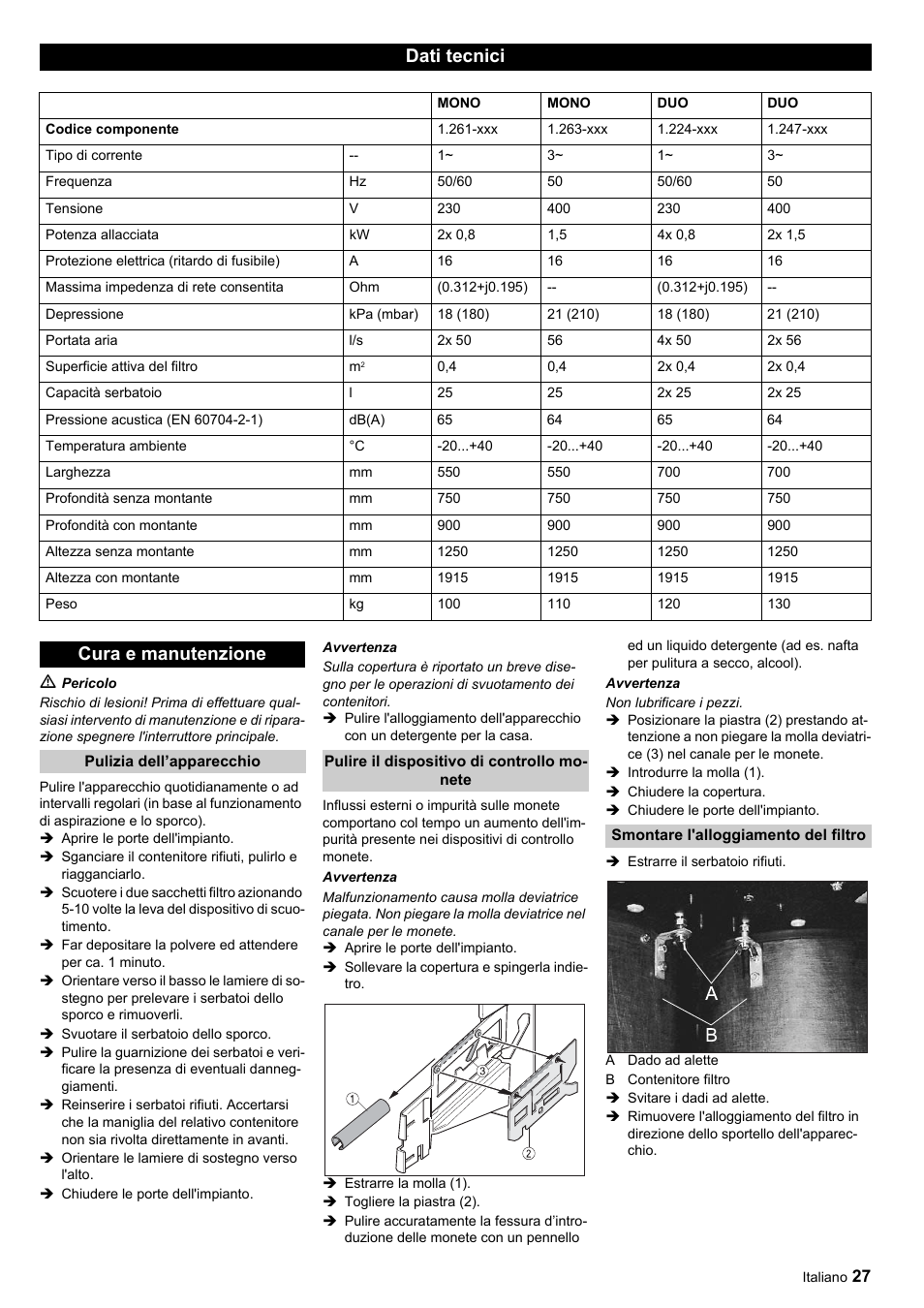 Dati tecnici, Cura e manutenzione | Karcher SB-Sauger Aspiratore self service MONO User Manual | Page 27 / 164