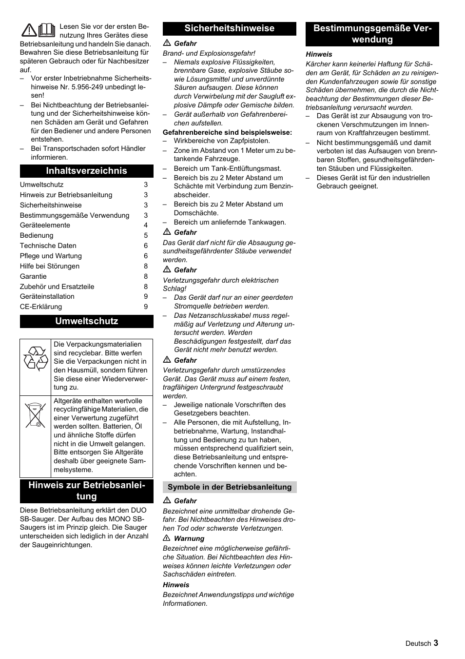 Inhaltsverzeichnis umweltschutz, Bestimmungsgemäße ver- wendung | Karcher SB-Sauger Aspiratore self service MONO User Manual | Page 3 / 164