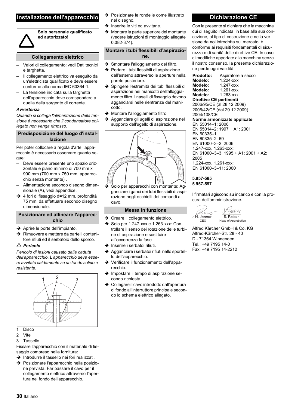 Installazione dell'apparecchio, Dichiarazione ce | Karcher SB-Sauger Aspiratore self service MONO User Manual | Page 30 / 164