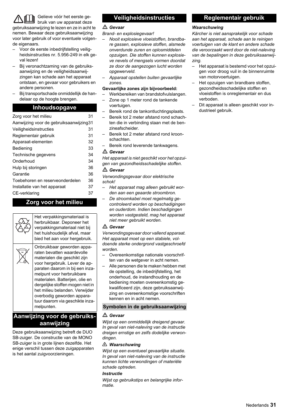 Inhoudsopgave zorg voor het milieu, Reglementair gebruik | Karcher SB-Sauger Aspiratore self service MONO User Manual | Page 31 / 164