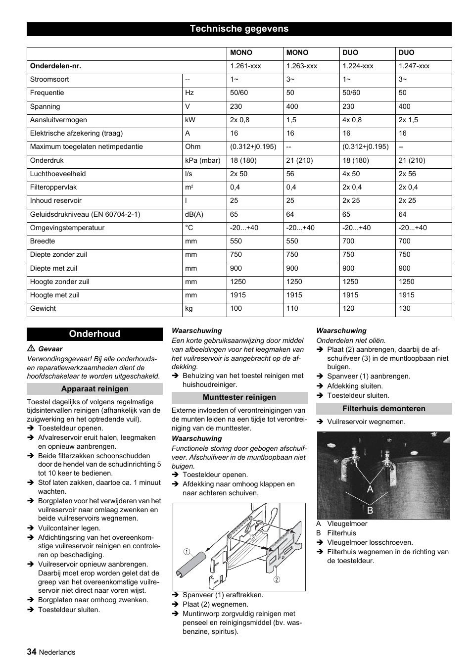 Technische gegevens, Onderhoud | Karcher SB-Sauger Aspiratore self service MONO User Manual | Page 34 / 164