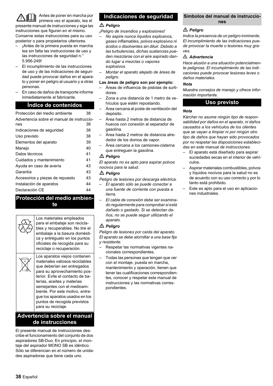 Uso previsto | Karcher SB-Sauger Aspiratore self service MONO User Manual | Page 38 / 164