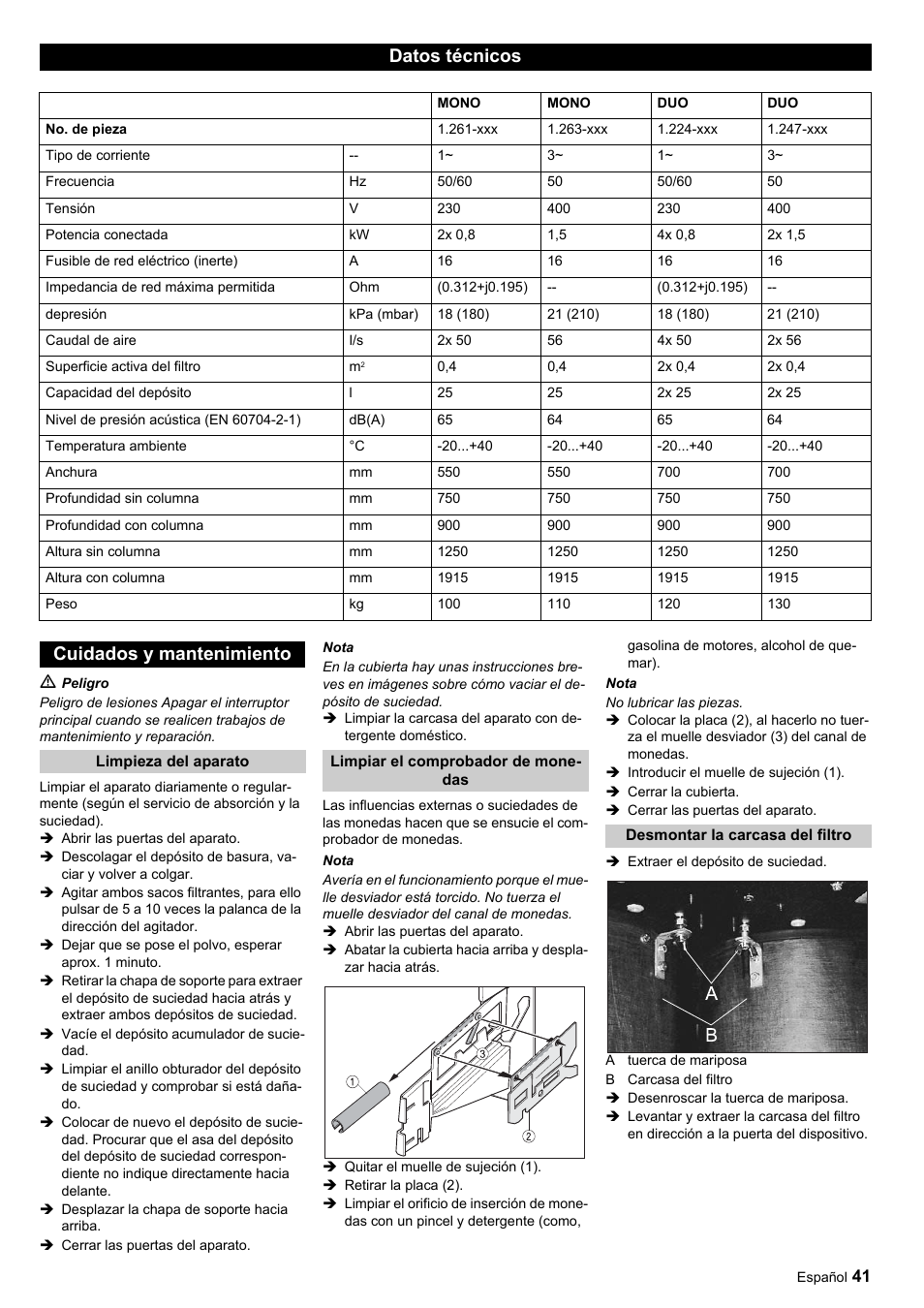 Datos técnicos, Cuidados y mantenimiento | Karcher SB-Sauger Aspiratore self service MONO User Manual | Page 41 / 164