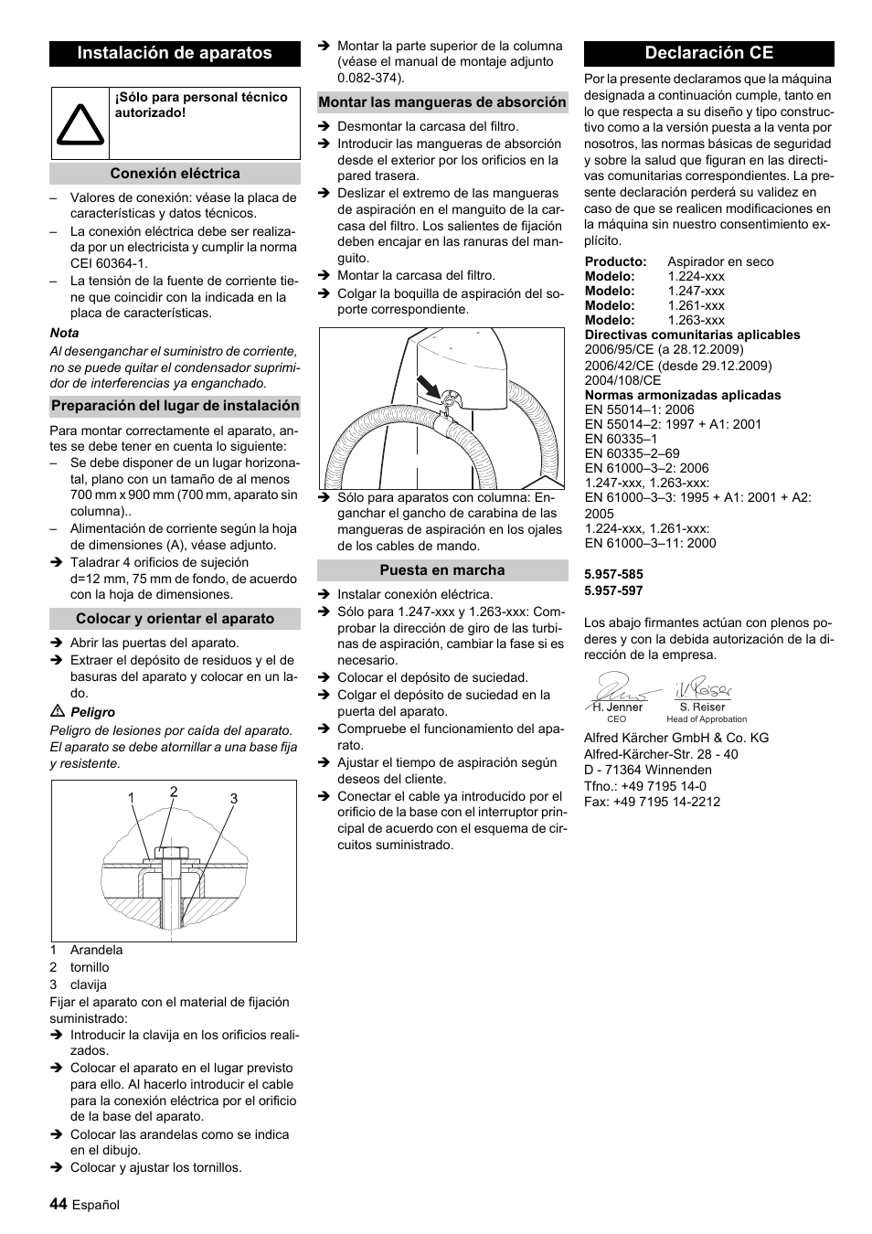 Instalación de aparatos, Declaración ce | Karcher SB-Sauger Aspiratore self service MONO User Manual | Page 44 / 164