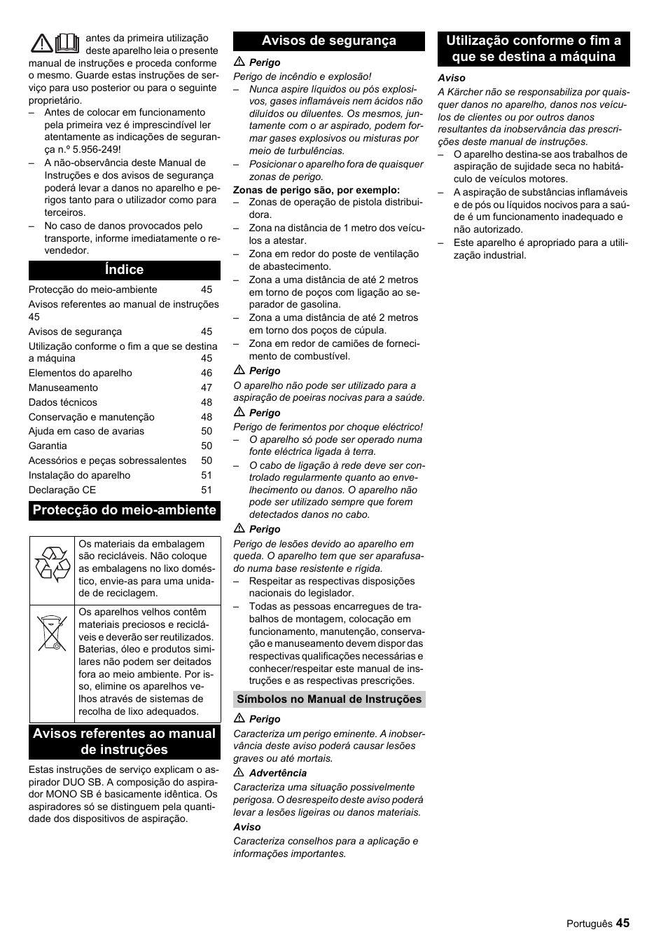 Índice protecção do meio-ambiente | Karcher SB-Sauger Aspiratore self service MONO User Manual | Page 45 / 164