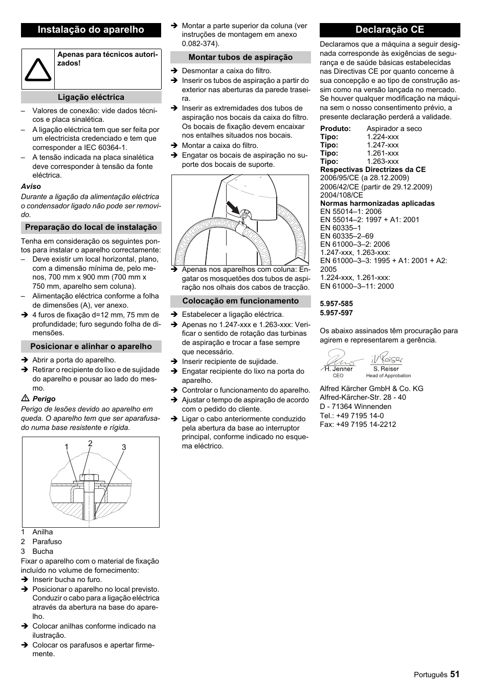 Instalação do aparelho, Declaração ce | Karcher SB-Sauger Aspiratore self service MONO User Manual | Page 51 / 164