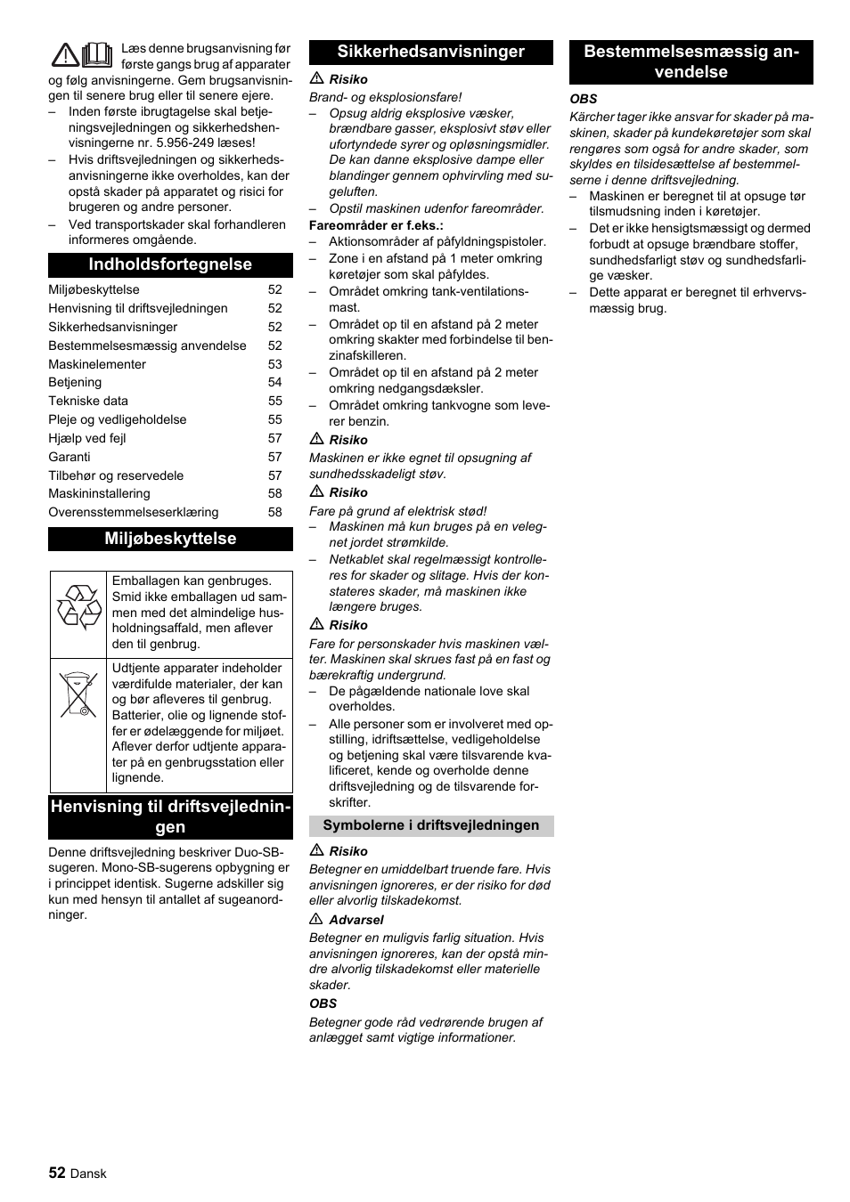 Indholdsfortegnelse miljøbeskyttelse, Bestemmelsesmæssig an- vendelse | Karcher SB-Sauger Aspiratore self service MONO User Manual | Page 52 / 164