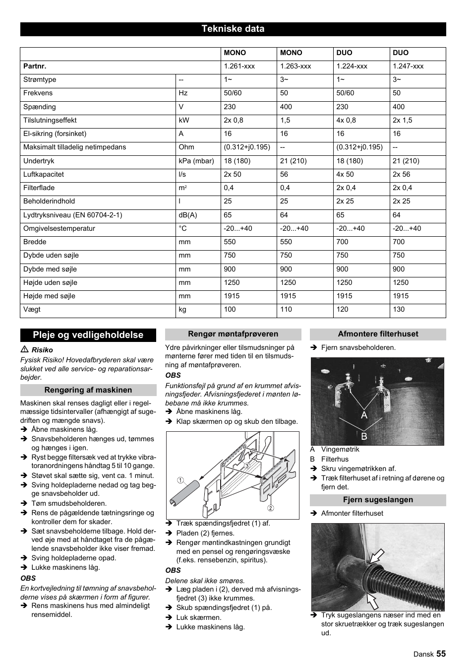 Tekniske data, Pleje og vedligeholdelse | Karcher SB-Sauger Aspiratore self service MONO User Manual | Page 55 / 164