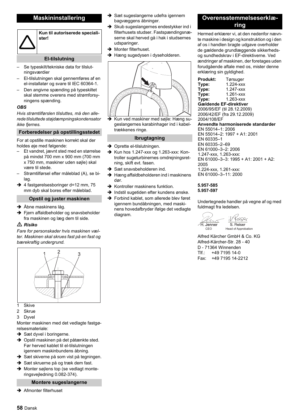 Maskininstallering, Overensstemmelseserklæ- ring | Karcher SB-Sauger Aspiratore self service MONO User Manual | Page 58 / 164