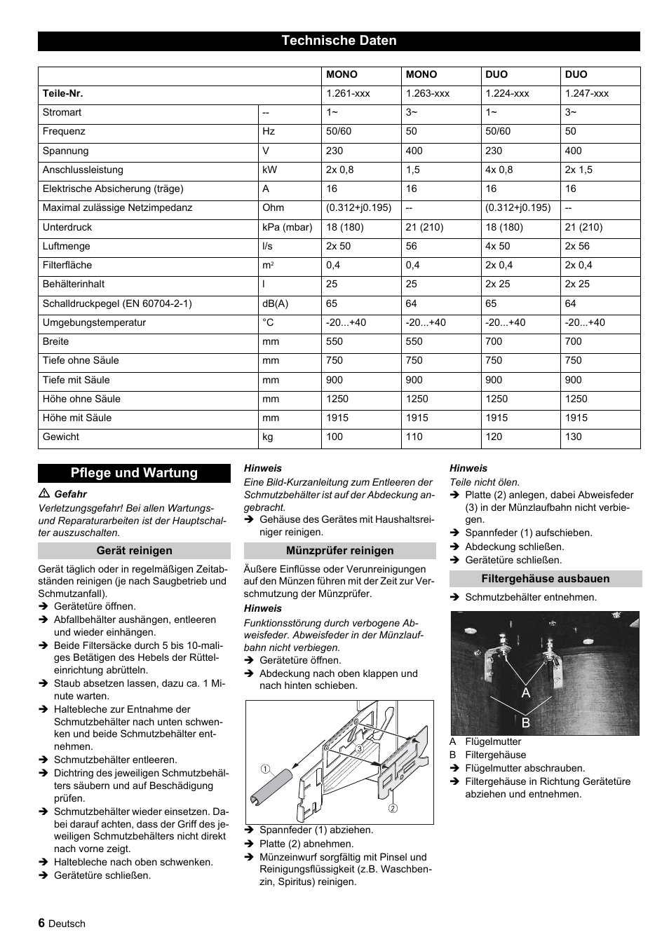 Technische daten, Pflege und wartung | Karcher SB-Sauger Aspiratore self service MONO User Manual | Page 6 / 164