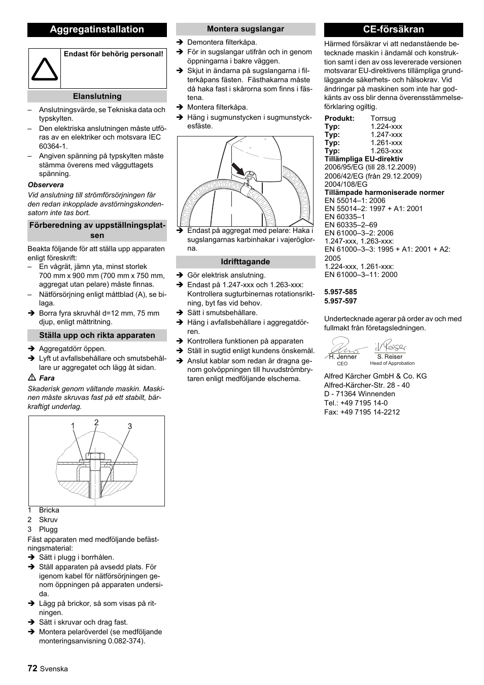 Aggregatinstallation, Ce-försäkran | Karcher SB-Sauger Aspiratore self service MONO User Manual | Page 72 / 164