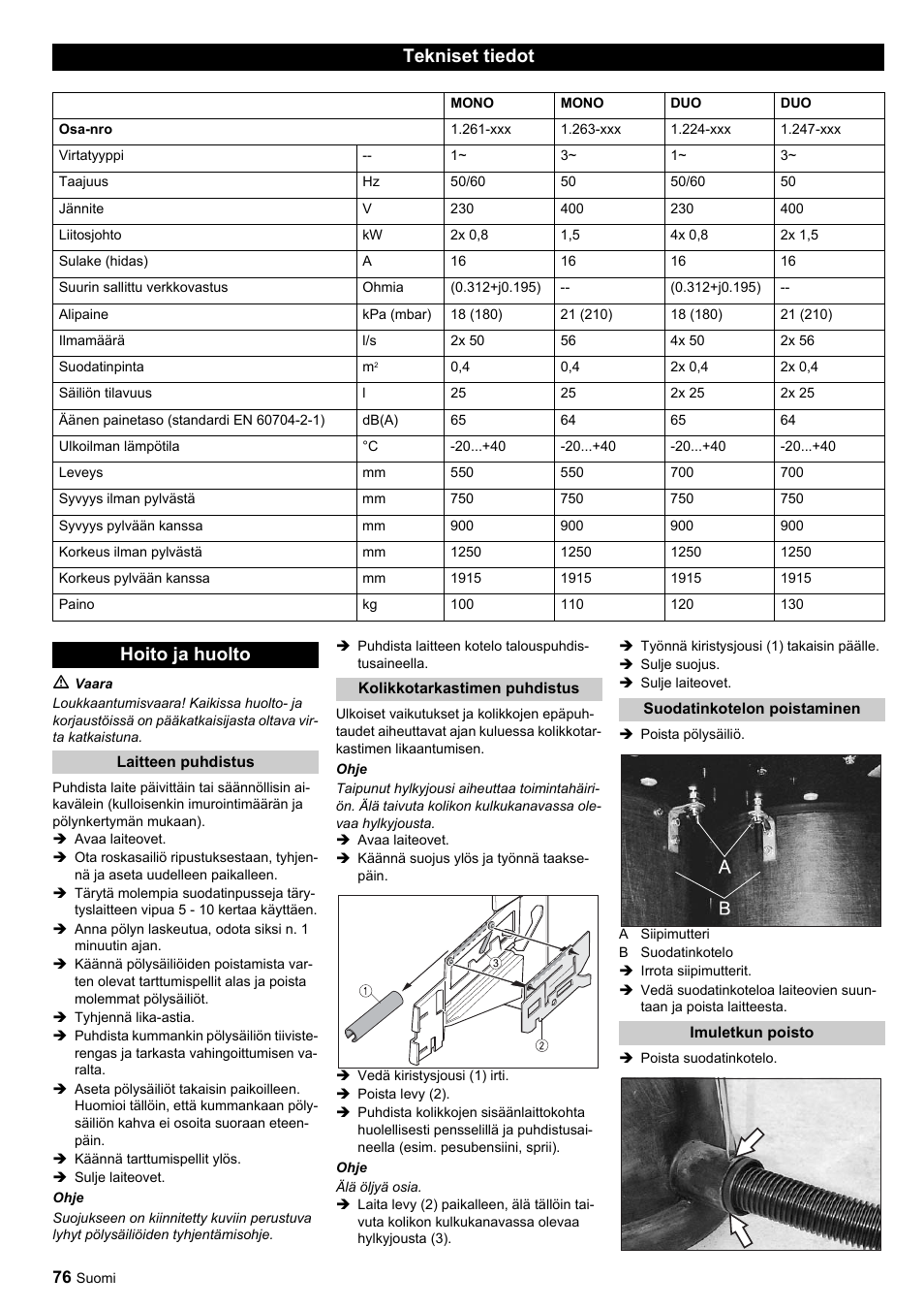 Tekniset tiedot, Hoito ja huolto | Karcher SB-Sauger Aspiratore self service MONO User Manual | Page 76 / 164