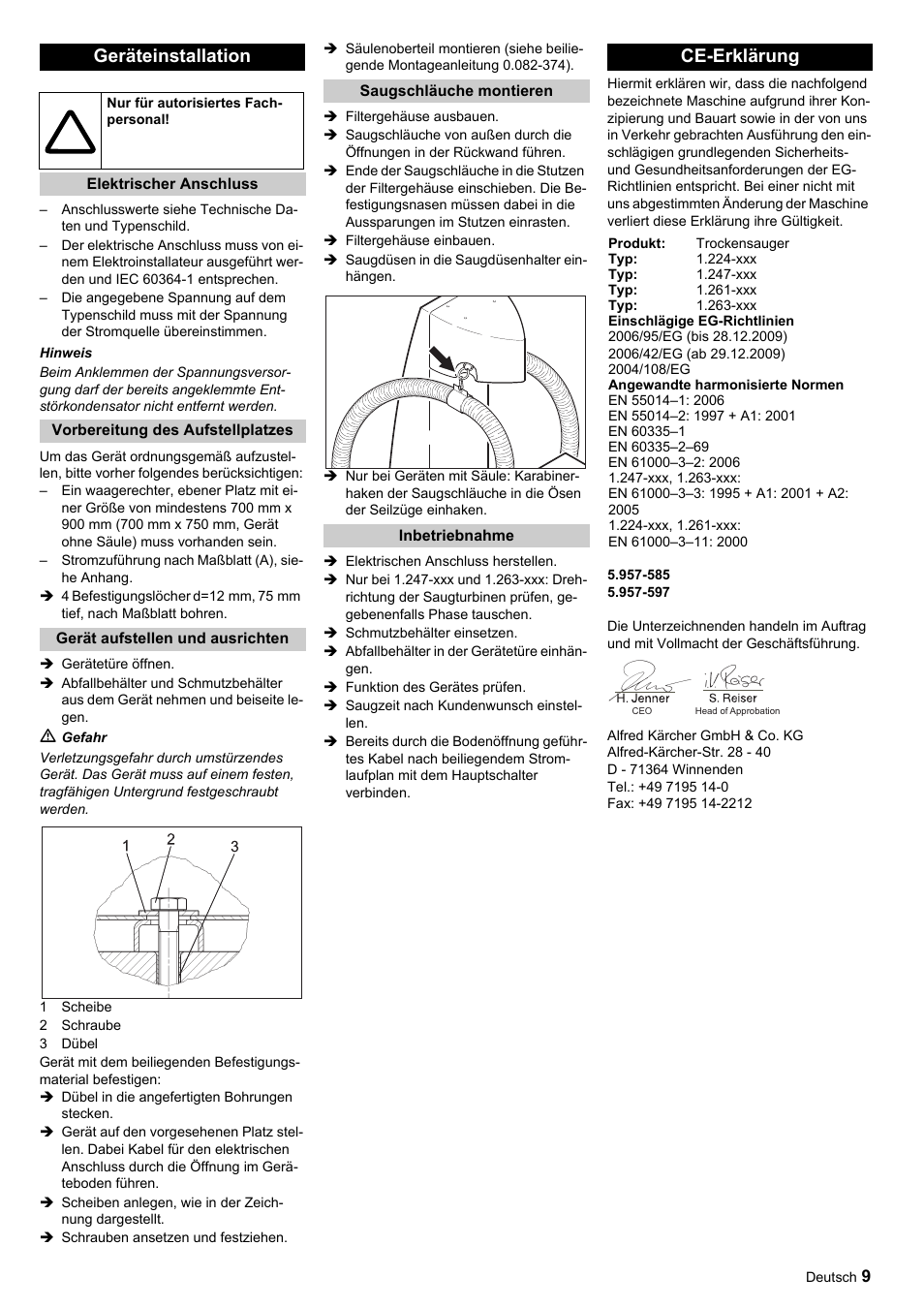 Geräteinstallation, Ce-erklärung | Karcher SB-Sauger Aspiratore self service MONO User Manual | Page 9 / 164