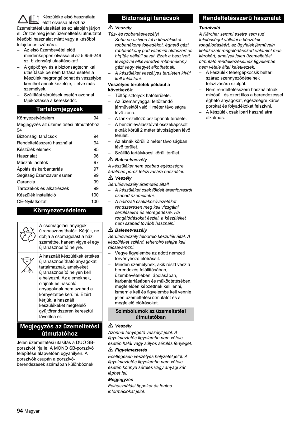 Tartalomjegyzék környezetvédelem, Rendeltetésszerű használat | Karcher SB-Sauger Aspiratore self service MONO User Manual | Page 94 / 164