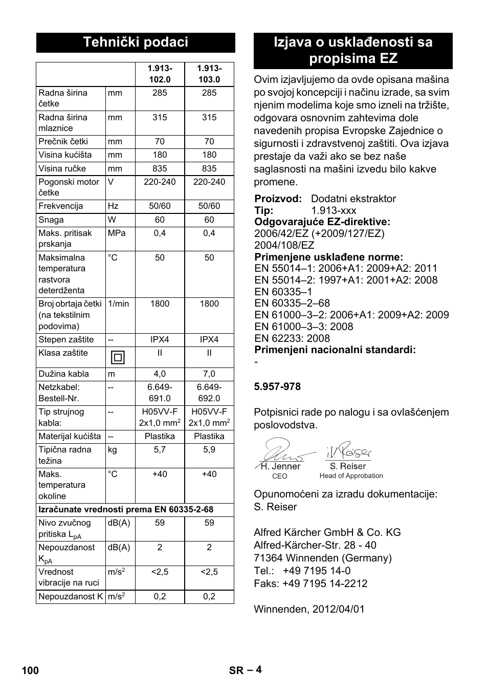 Tehnički podaci, Izjava o usklađenosti sa propisima ez | Karcher PW 30-1 User Manual | Page 100 / 128