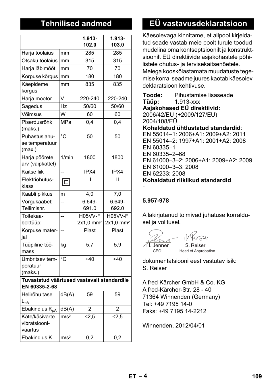 Tehnilised andmed, Eü vastavusdeklaratsioon | Karcher PW 30-1 User Manual | Page 109 / 128