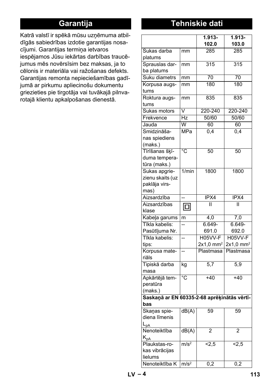 Garantija, Tehniskie dati, Garantija tehniskie dati | Karcher PW 30-1 User Manual | Page 113 / 128