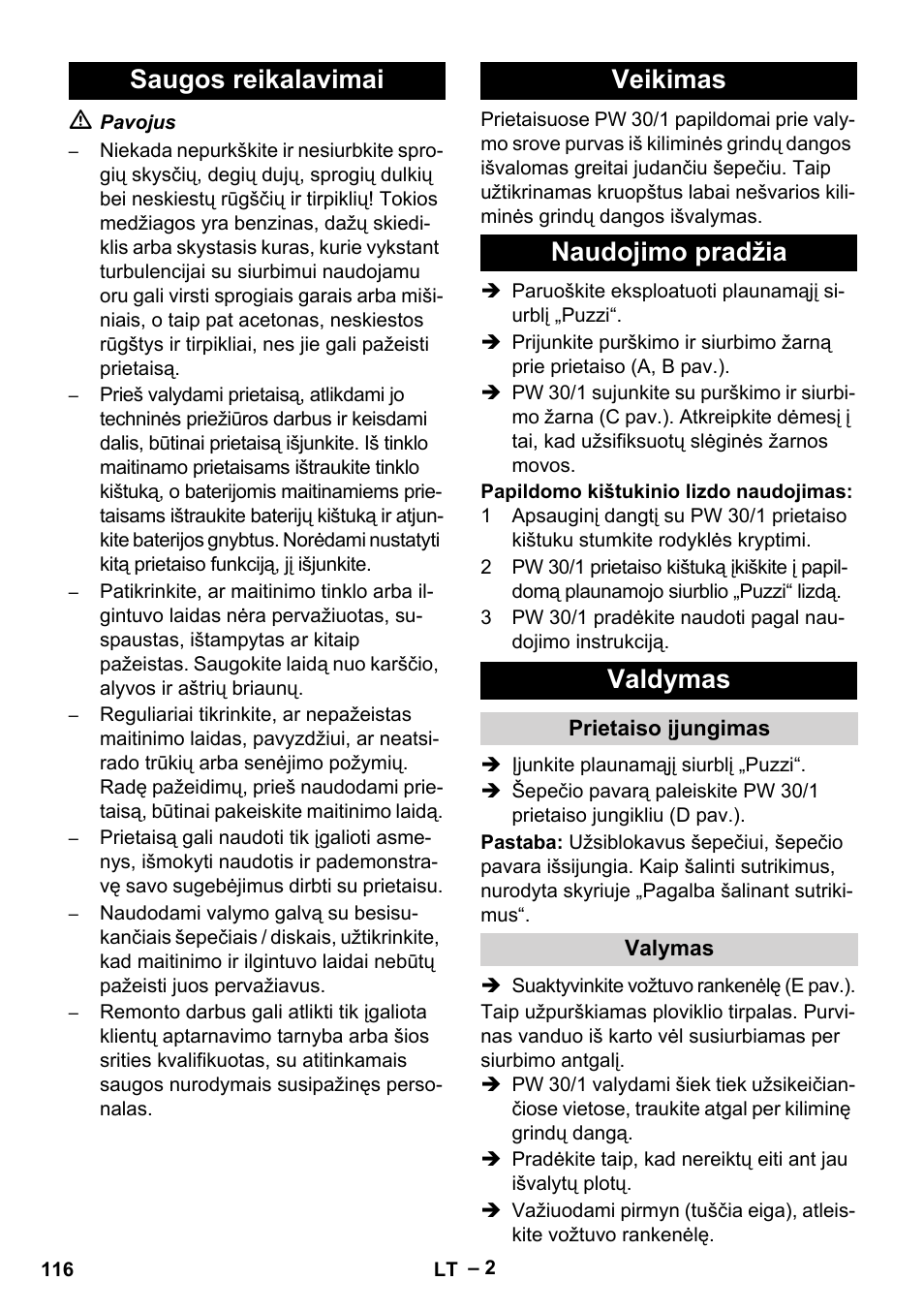 Saugos reikalavimai, Veikimas, Naudojimo pradžia | Valdymas, Prietaiso įjungimas, Valymas | Karcher PW 30-1 User Manual | Page 116 / 128