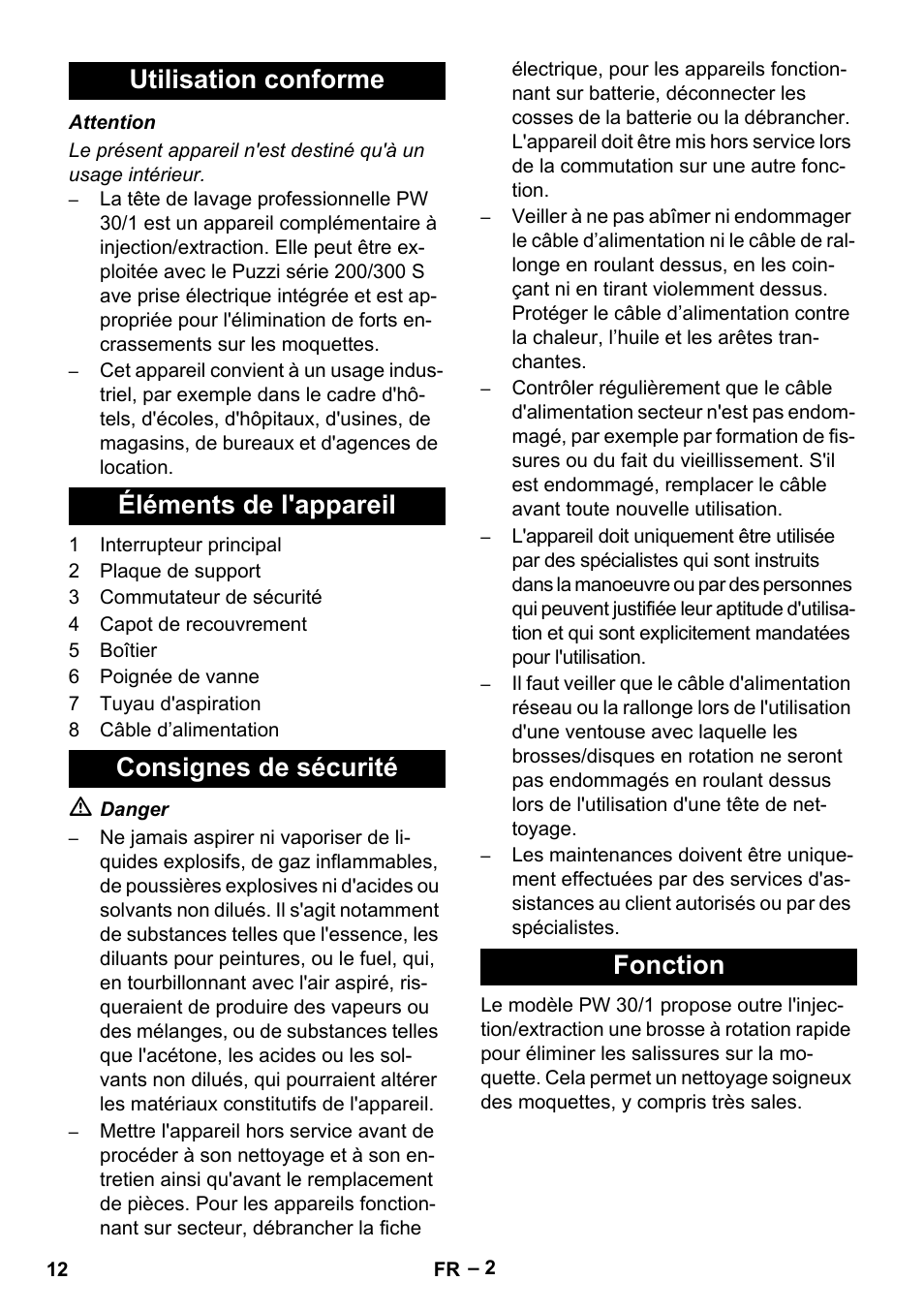 Utilisation conforme, Éléments de l'appareil, Consignes de sécurité | Fonction | Karcher PW 30-1 User Manual | Page 12 / 128