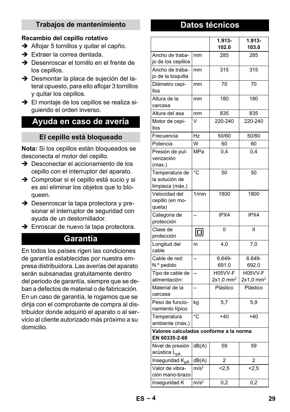 Trabajos de mantenimiento, Recambio del cepillo rotativo, Ayuda en caso de avería | El cepillo está bloqueado, Garantía, Datos técnicos, Garantía datos técnicos | Karcher PW 30-1 User Manual | Page 29 / 128