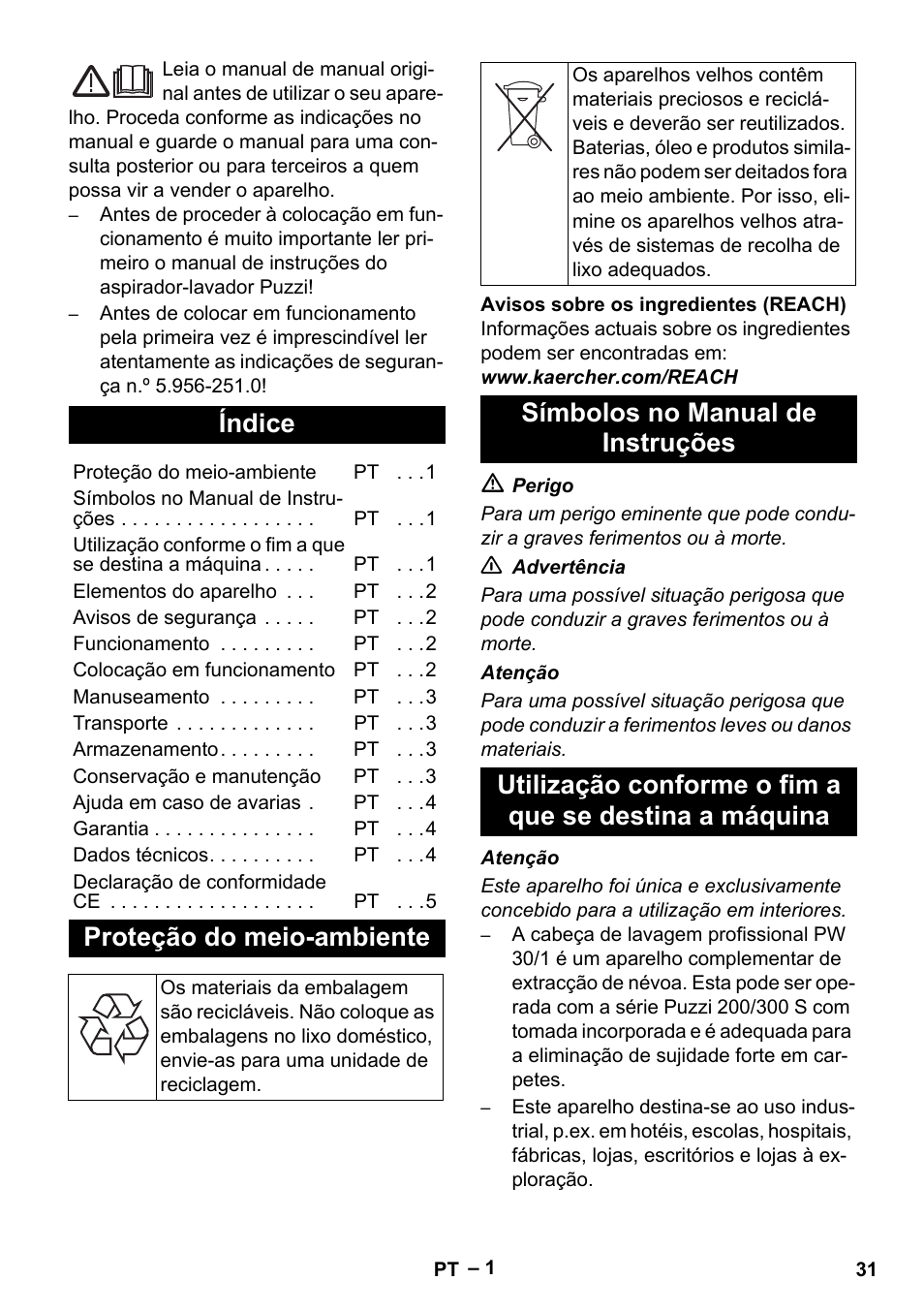 Português, Índice, Proteção do meio-ambiente | Símbolos no manual de instruções | Karcher PW 30-1 User Manual | Page 31 / 128