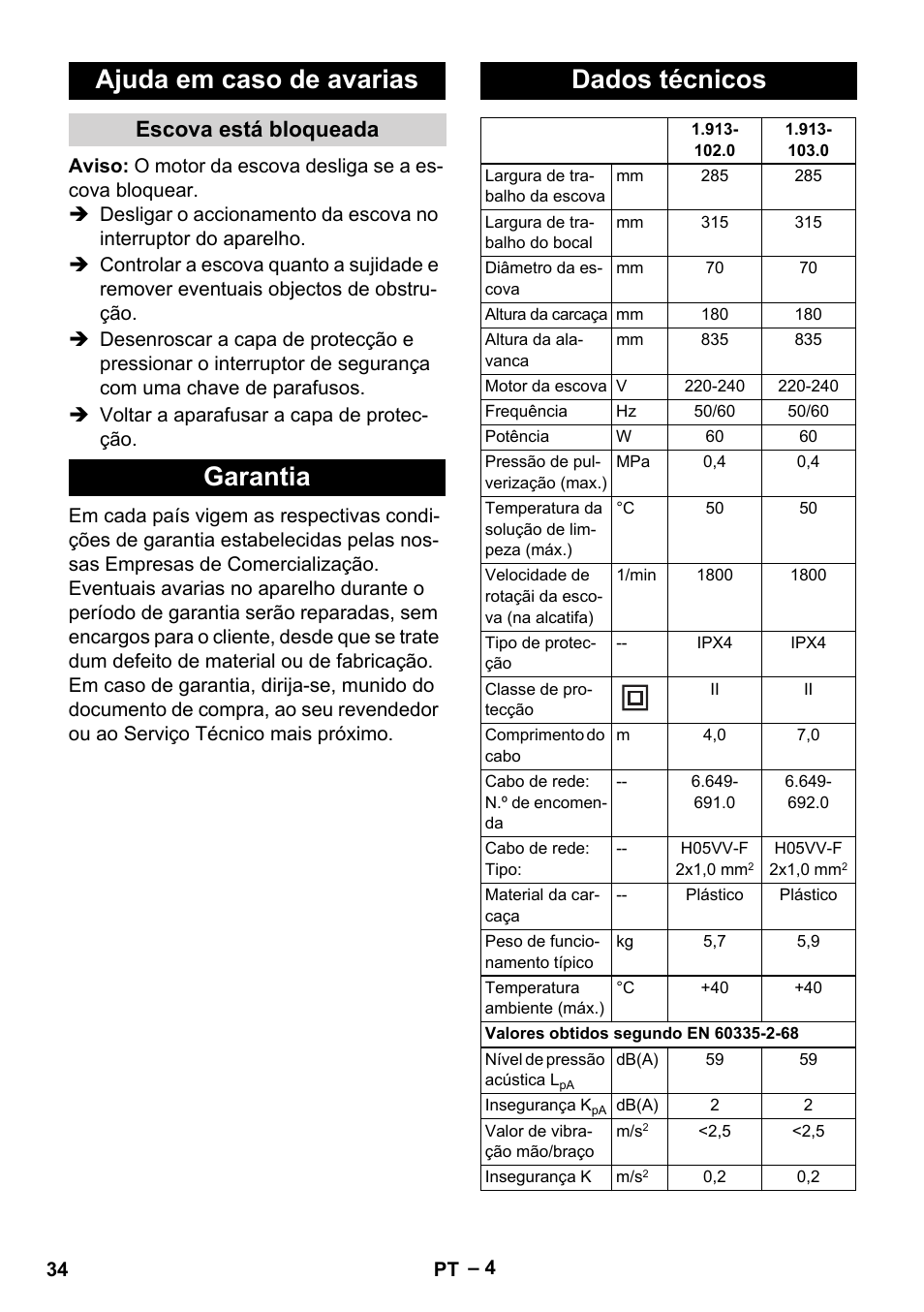 Ajuda em caso de avarias, Escova está bloqueada, Garantia | Dados técnicos, Garantia dados técnicos | Karcher PW 30-1 User Manual | Page 34 / 128