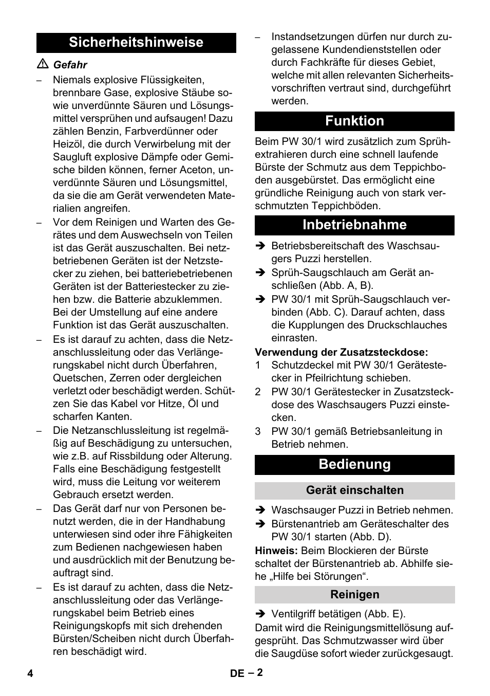 Sicherheitshinweise, Funktion, Inbetriebnahme | Bedienung, Gerät einschalten, Reinigen | Karcher PW 30-1 User Manual | Page 4 / 128